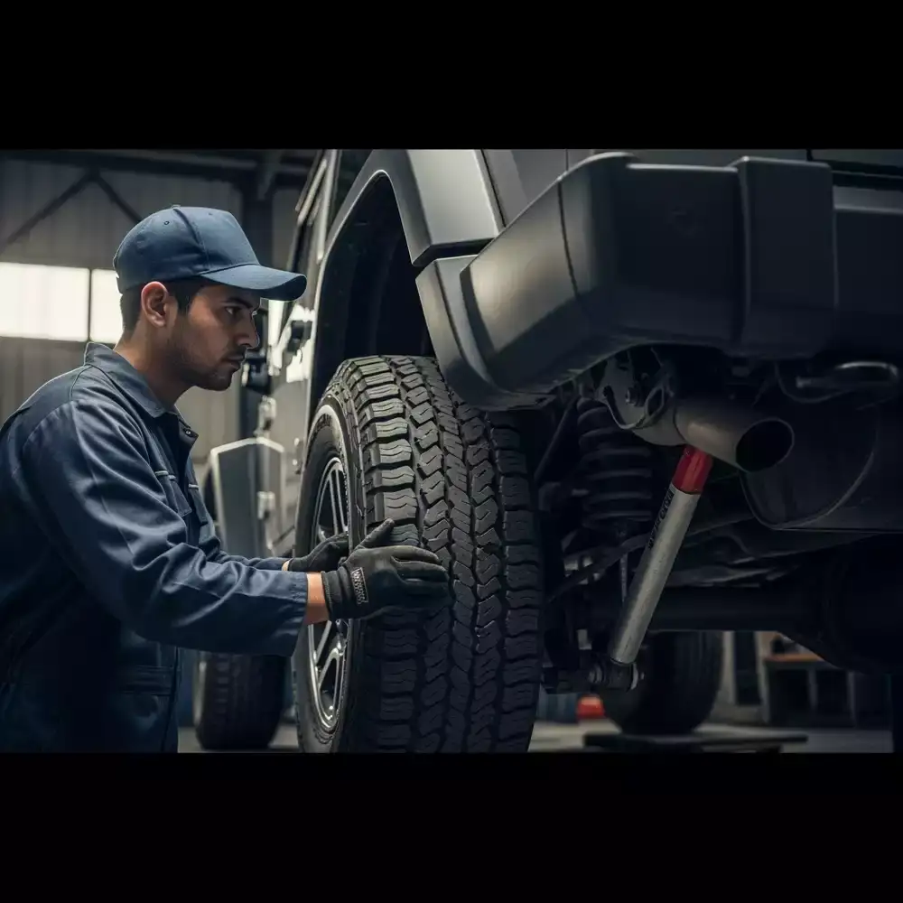 Mechanic inspects a Jeep Wrangler’s tires according to scheduled maintenance