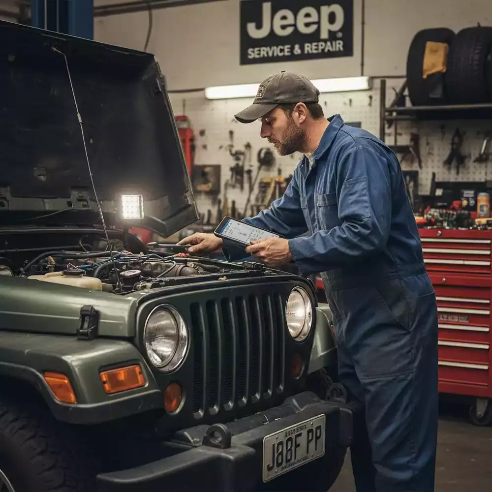 Service technician services older Jeep Wrangler