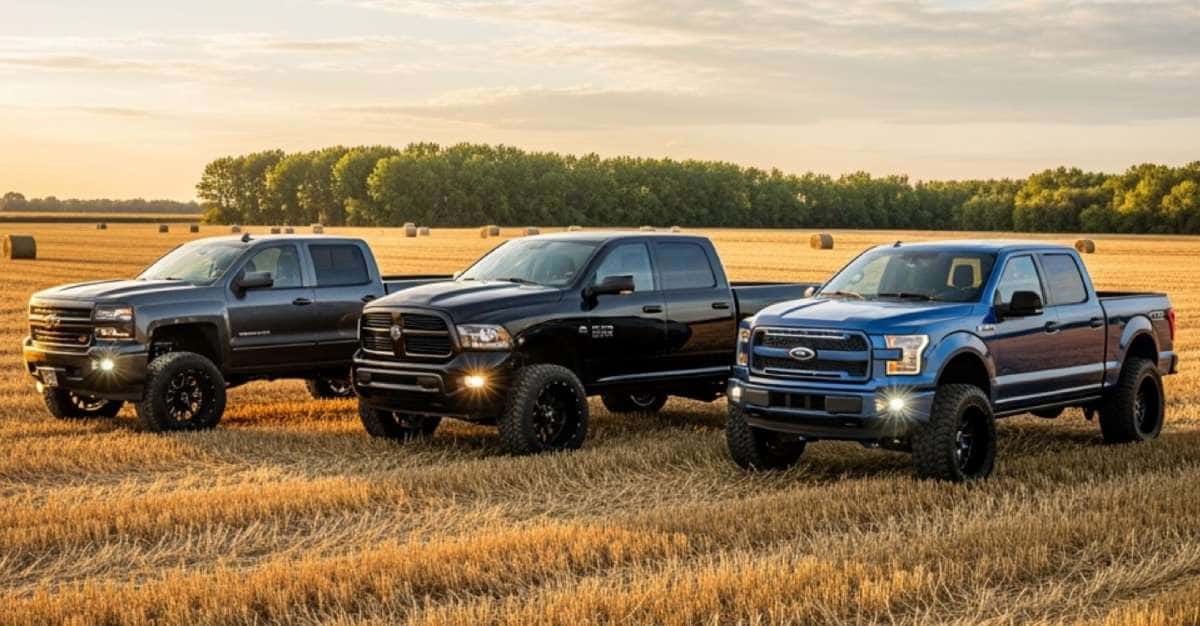 Chevy, RAM and Ford trucks next to each other in a field