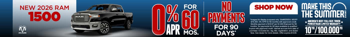 NEW 2026 RAM 1500 0% APR for 60 months + No Payments For 90 Days*